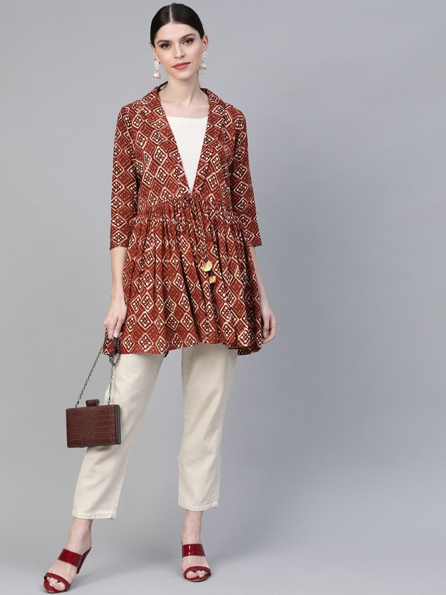 Ahalyaa Brown & Cream-Coloured Printed A-Line Tunic | Grocsy