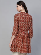 Ahalyaa Brown & Cream-Coloured Printed A-Line Tunic | Grocsy