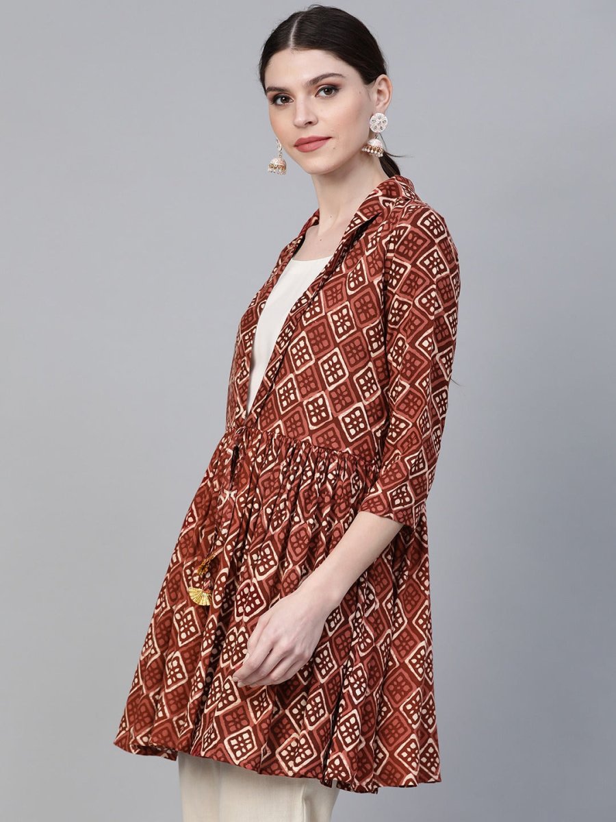 Ahalyaa Brown & Cream-Coloured Printed A-Line Tunic | Grocsy