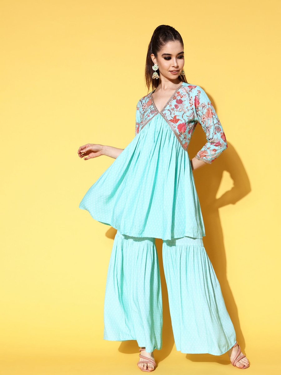 Ahalyaa Women Floral Printed Pleated Kurti with Sharara | Grocsy