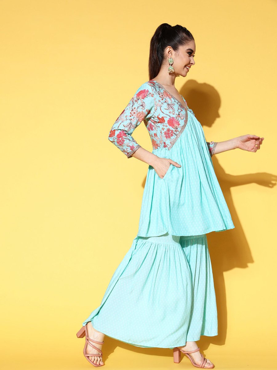 Ahalyaa Women Floral Printed Pleated Kurti with Sharara | Grocsy