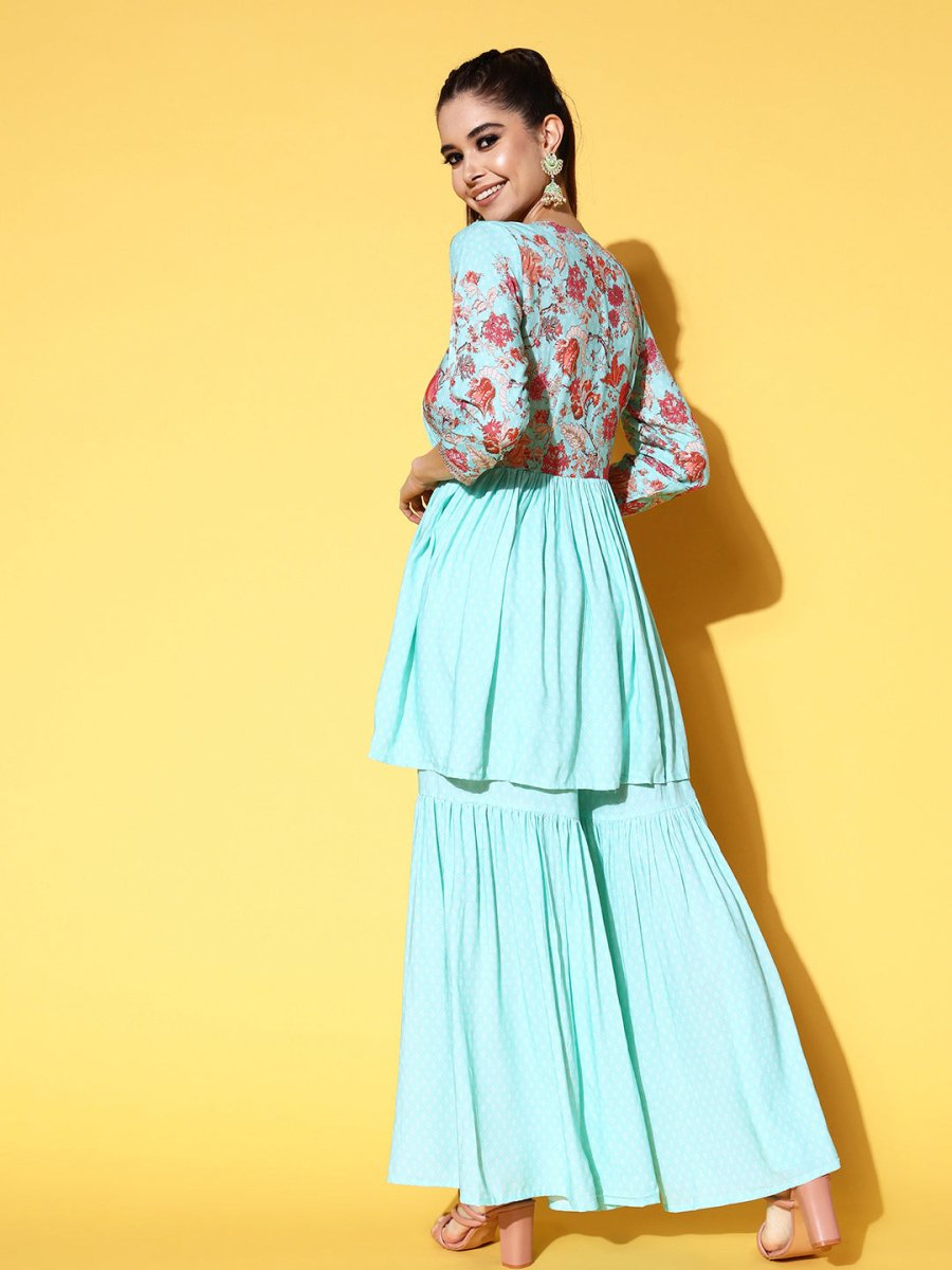 Ahalyaa Women Floral Printed Pleated Kurti with Sharara | Grocsy