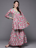 Ahalyaa Women Pink Ethnic Motifs Gotta Patti Velvet Kurta with Palazzos | Grocsy