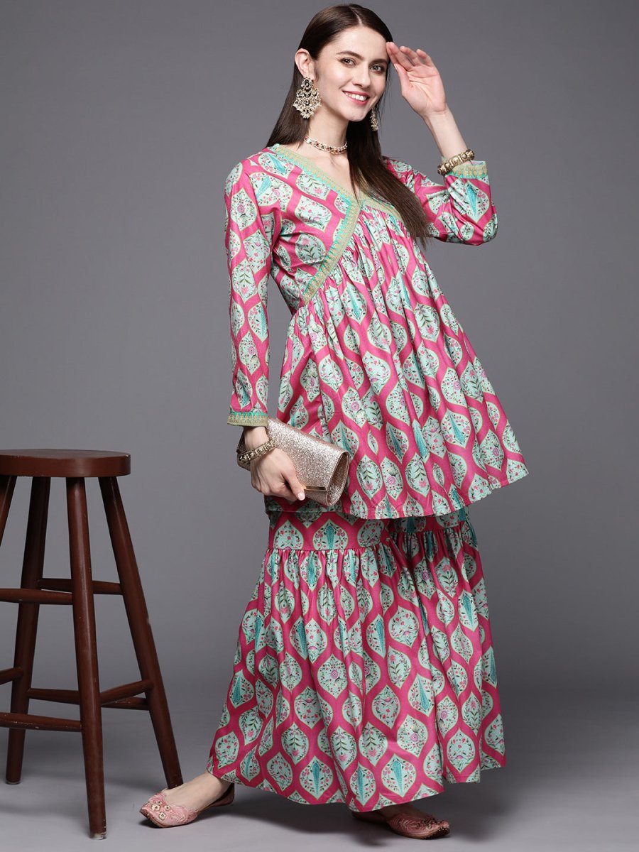 Ahalyaa Women Pink Ethnic Motifs Gotta Patti Velvet Kurta with Palazzos | Grocsy