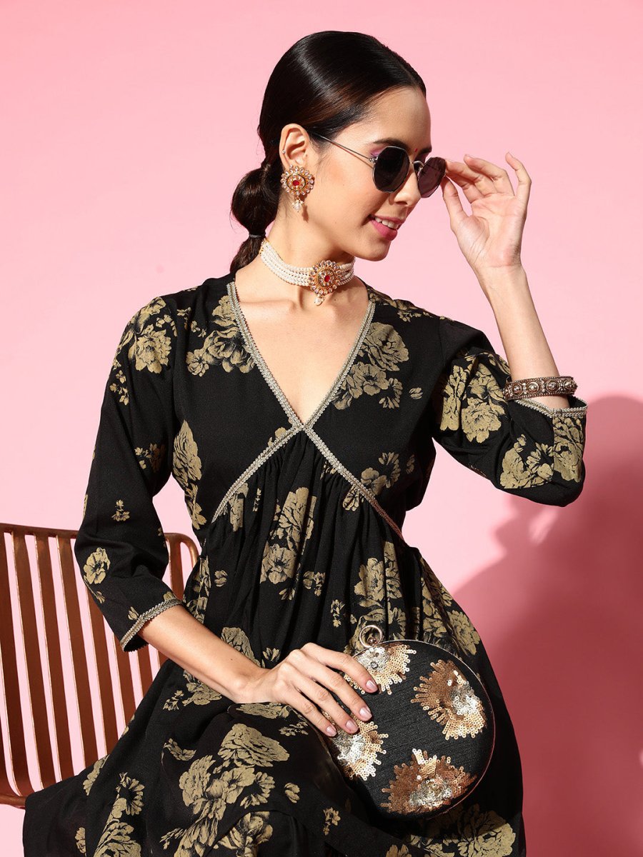 Ahalyaa Women Floral Printed Empire Gotta Patti Kurta with Sharara | Grocsy