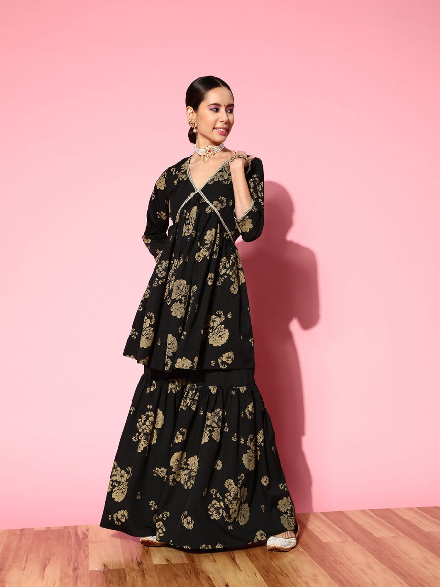 Ahalyaa Women Floral Printed Empire Gotta Patti Kurta with Sharara | Grocsy