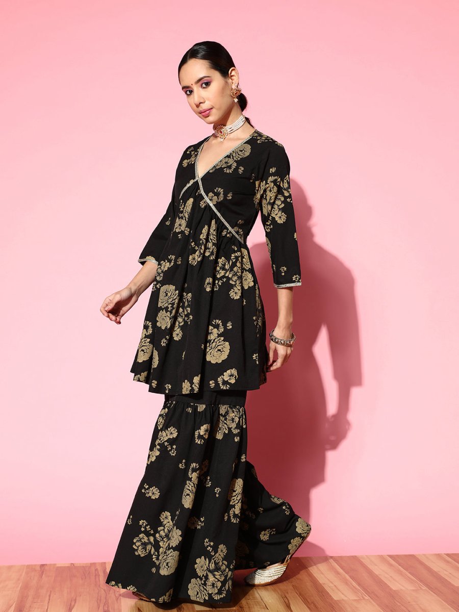 Ahalyaa Women Floral Printed Empire Gotta Patti Kurta with Sharara | Grocsy