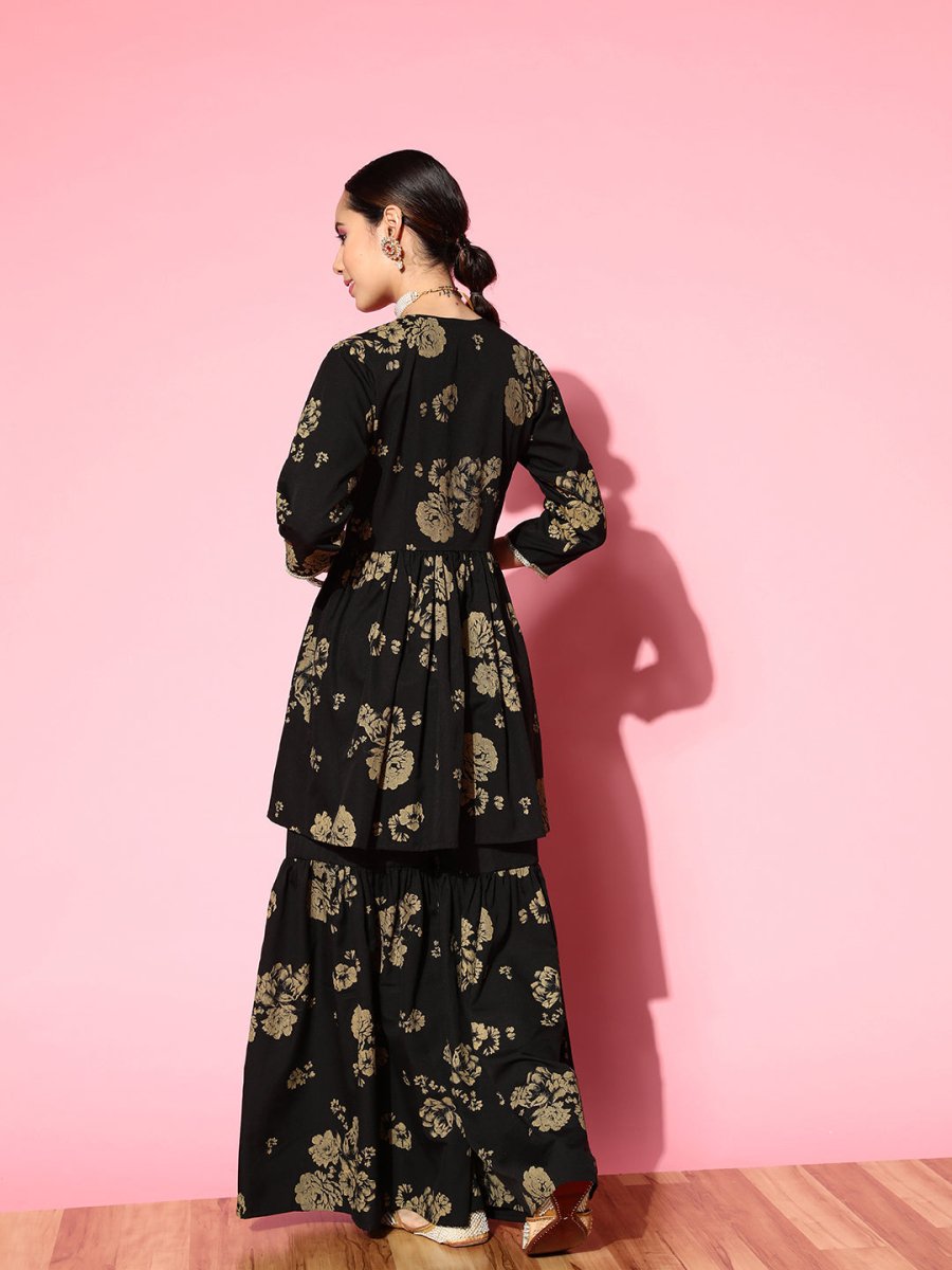 Ahalyaa Women Floral Printed Empire Gotta Patti Kurta with Sharara | Grocsy