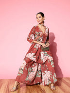 Ahalyaa Women Red Floral Printed Empire Thread Work Kurti With Sharara | Grocsy