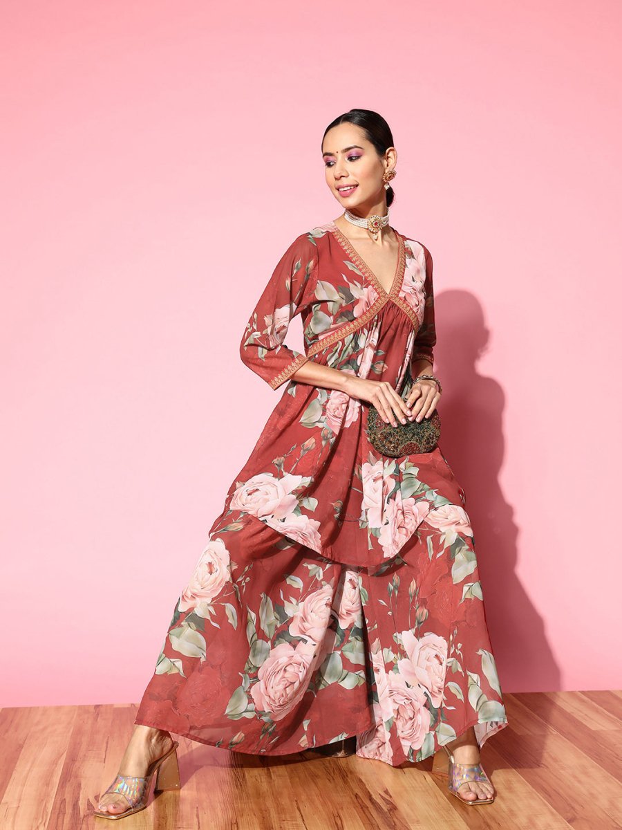Ahalyaa Women Red Floral Printed Empire Thread Work Kurti With Sharara | Grocsy