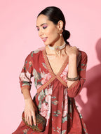 Ahalyaa Women Red Floral Printed Empire Thread Work Kurti With Sharara | Grocsy