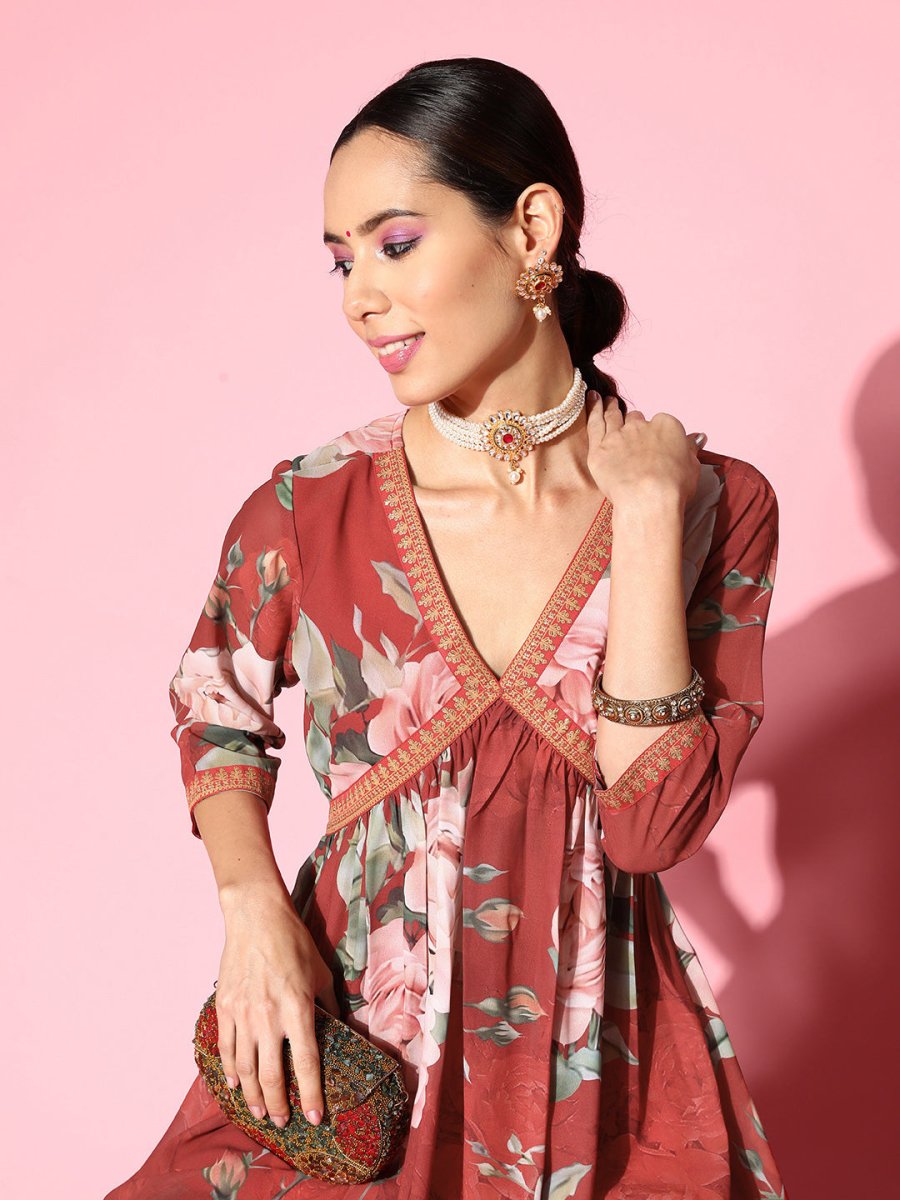Ahalyaa Women Red Floral Printed Empire Thread Work Kurti With Sharara | Grocsy