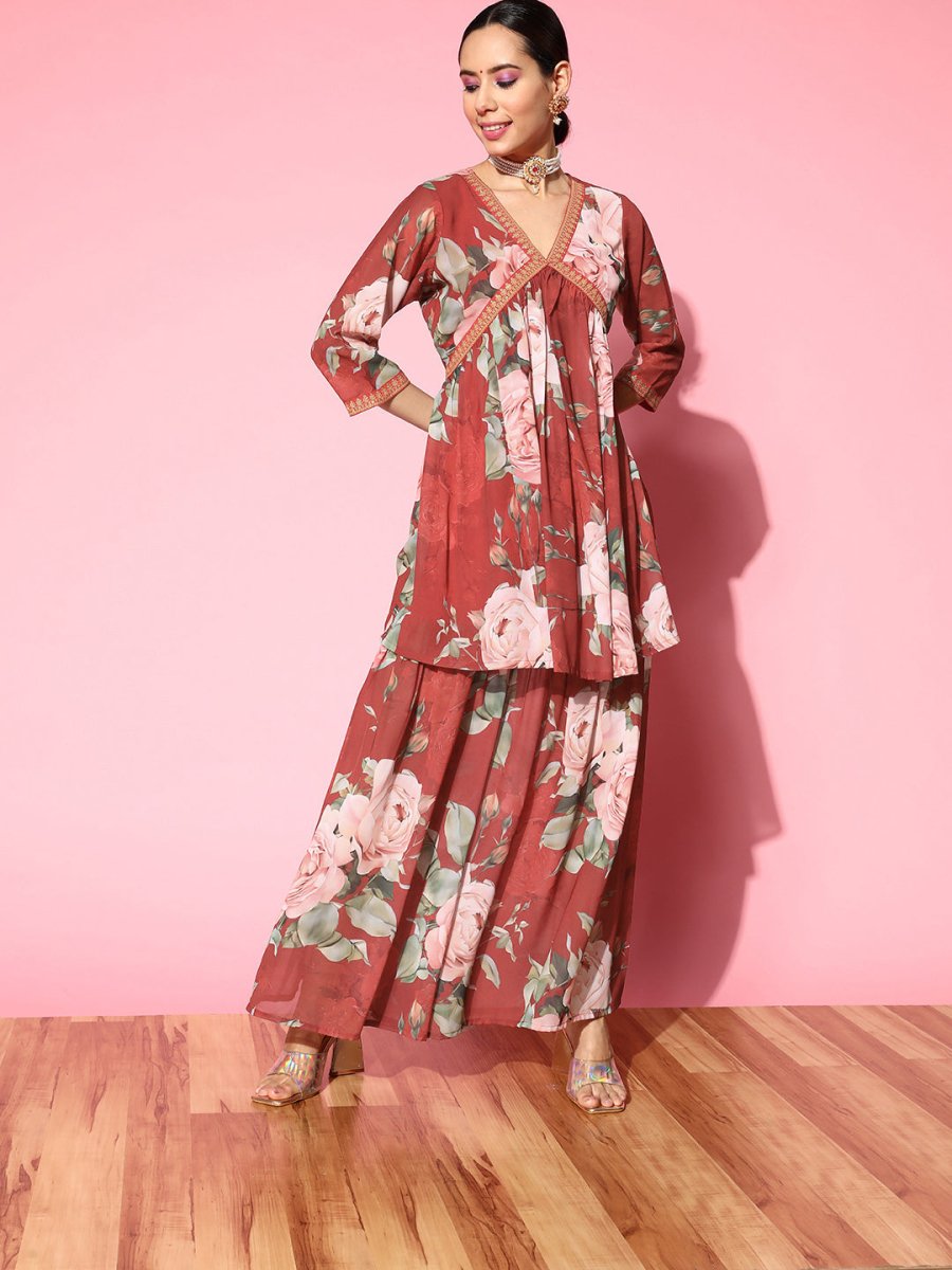 Ahalyaa Women Red Floral Printed Empire Thread Work Kurti With Sharara | Grocsy