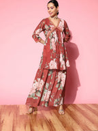 Ahalyaa Women Red Floral Printed Empire Thread Work Kurti With Sharara | Grocsy