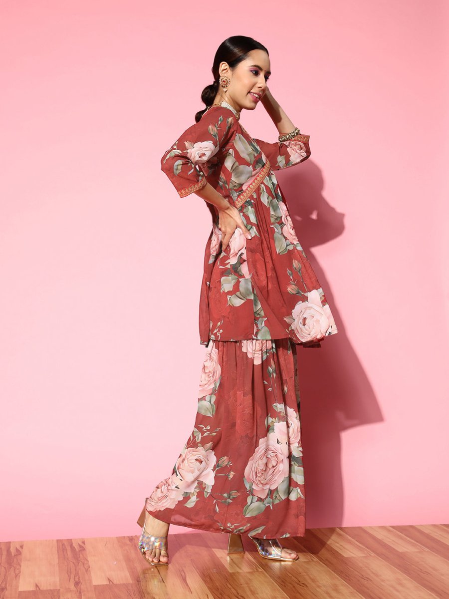 Ahalyaa Women Red Floral Printed Empire Thread Work Kurti With Sharara | Grocsy