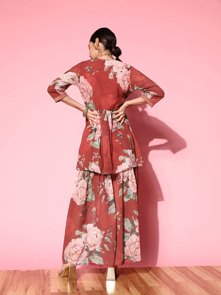 Ahalyaa Women Red Floral Printed Empire Thread Work Kurti With Sharara | Grocsy