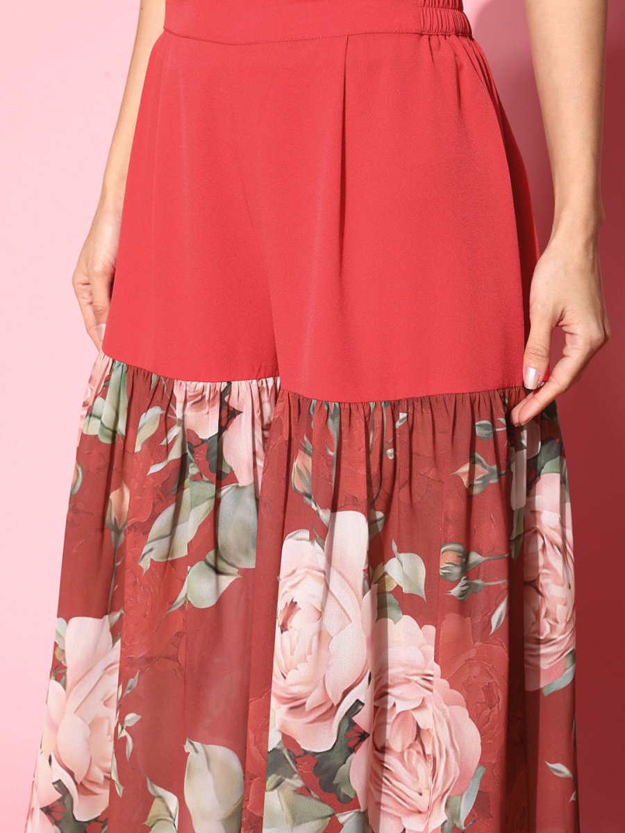 Ahalyaa Women Red Floral Printed Empire Thread Work Kurti With Sharara | Grocsy