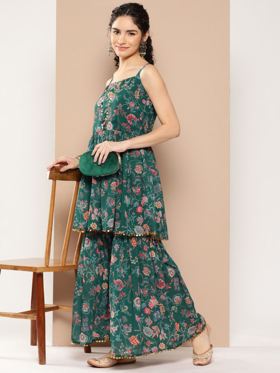 Ahalyaa Women Floral Printed Pleated Sequinned Top with Sharara | Grocsy