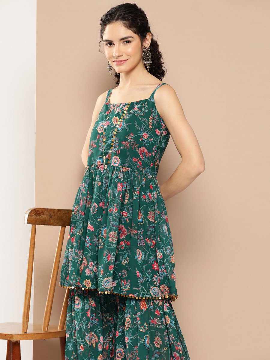 Ahalyaa Women Floral Printed Pleated Sequinned Top with Sharara | Grocsy