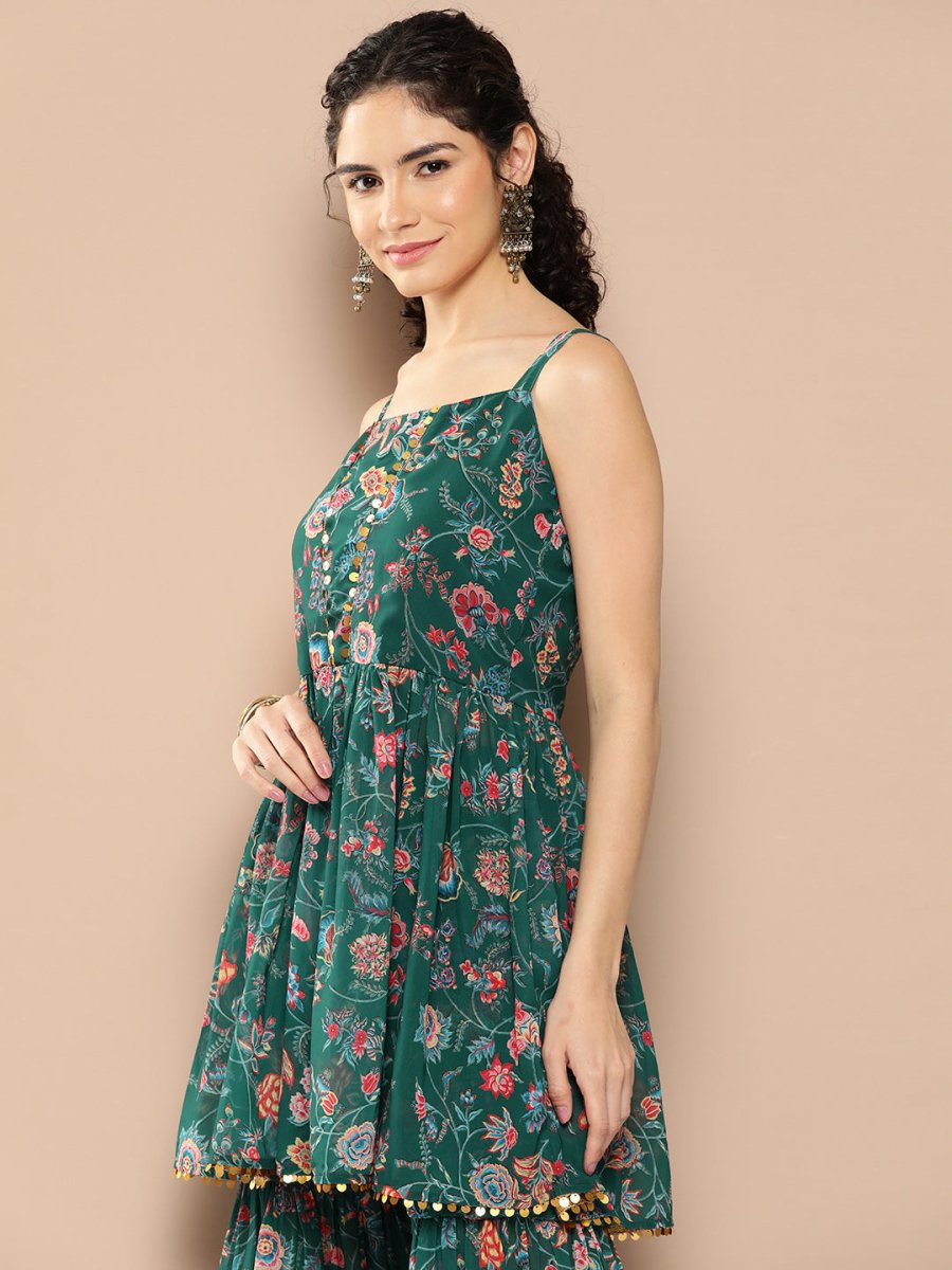 Ahalyaa Women Floral Printed Pleated Sequinned Top with Sharara | Grocsy