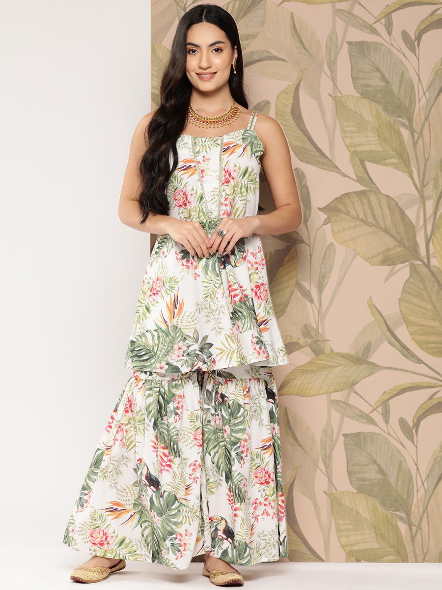 Ahalyaa Women Floral Printed Regular Gotta Patti Kurti with Sharara | Grocsy
