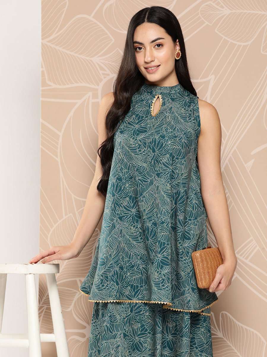 Ahalyaa Printed Crepe Ethnic Halter Neck Tunic With Skirt | Grocsy