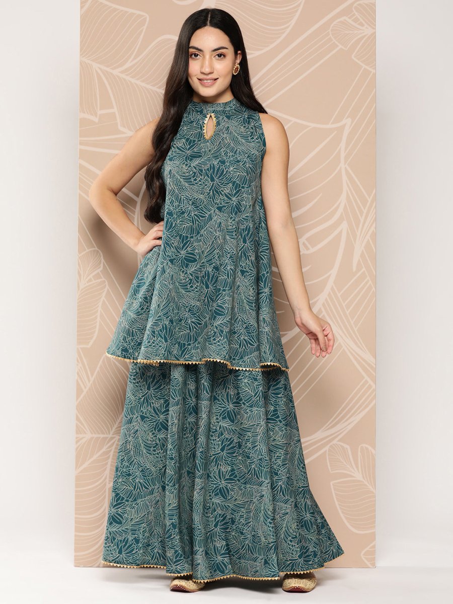 Ahalyaa Printed Crepe Ethnic Halter Neck Tunic With Skirt | Grocsy
