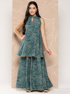 Ahalyaa Printed Crepe Ethnic Halter Neck Tunic With Skirt | Grocsy