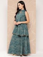 Ahalyaa Printed Crepe Ethnic Halter Neck Tunic With Skirt | Grocsy