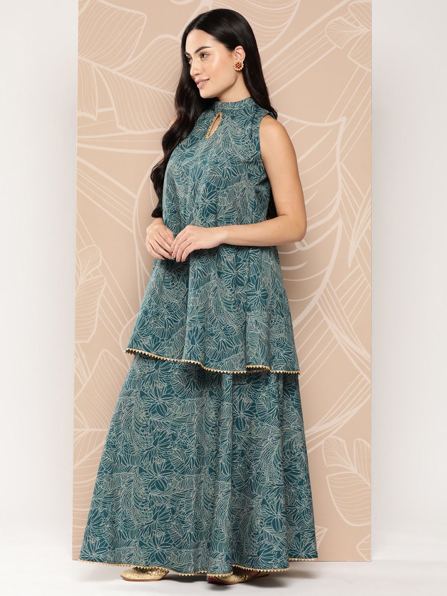 Ahalyaa Printed Crepe Ethnic Halter Neck Tunic With Skirt | Grocsy