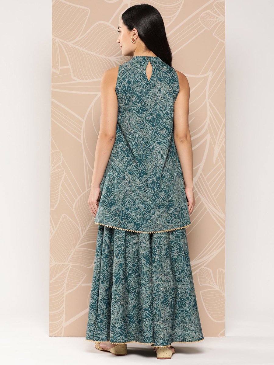 Ahalyaa Printed Crepe Ethnic Halter Neck Tunic With Skirt | Grocsy