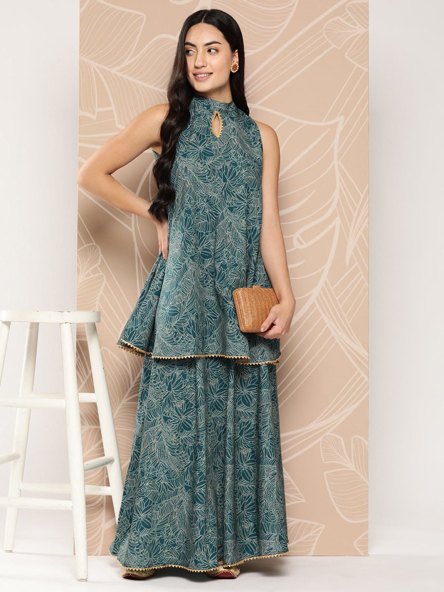Ahalyaa Printed Crepe Ethnic Halter Neck Tunic With Skirt | Grocsy