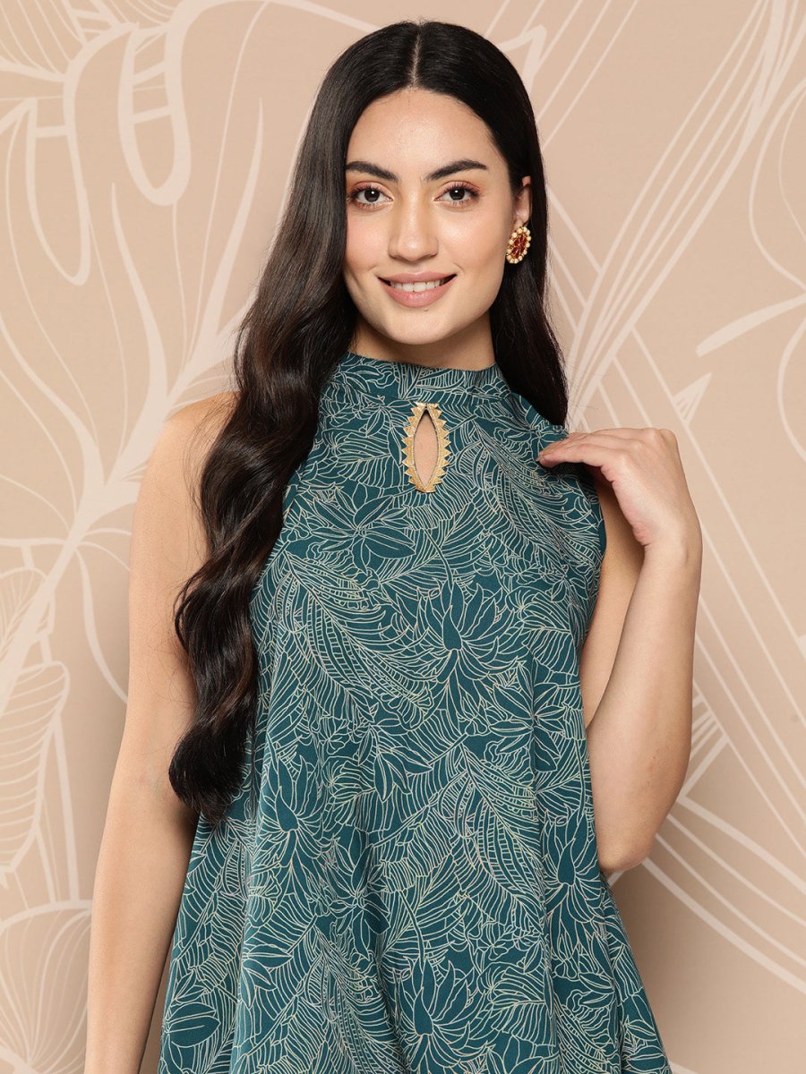 Ahalyaa Printed Crepe Ethnic Halter Neck Tunic With Skirt | Grocsy