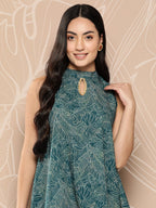 Ahalyaa Printed Crepe Ethnic Halter Neck Tunic With Skirt | Grocsy