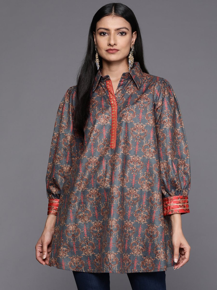 Ahalyaa Grey Shirt Collar Velvet Digital Printed Tunic | Grocsy