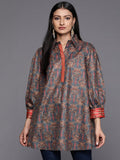 Ahalyaa Grey Shirt Collar Velvet Digital Printed Tunic | Grocsy