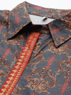 Ahalyaa Grey Shirt Collar Velvet Digital Printed Tunic | Grocsy