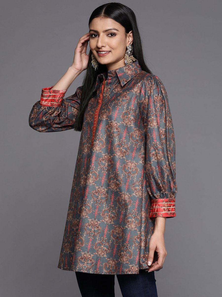 Ahalyaa Grey Shirt Collar Velvet Digital Printed Tunic | Grocsy