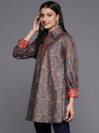 Ahalyaa Grey Shirt Collar Velvet Digital Printed Tunic | Grocsy
