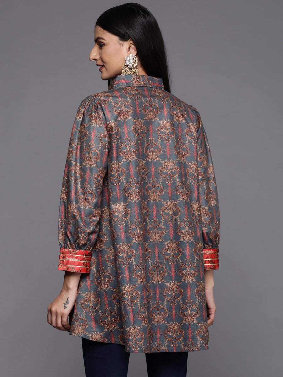 Ahalyaa Grey Shirt Collar Velvet Digital Printed Tunic | Grocsy