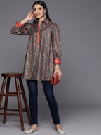 Ahalyaa Grey Shirt Collar Velvet Digital Printed Tunic | Grocsy