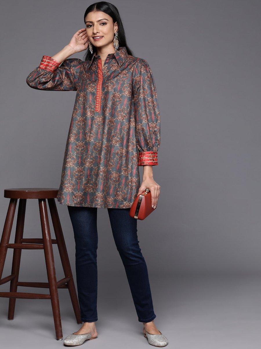Ahalyaa Grey Shirt Collar Velvet Digital Printed Tunic | Grocsy