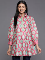 Ahalyaa Fuchsia Shirt Collar Velvet Digital Printed Tunic | Grocsy