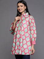 Ahalyaa Fuchsia Shirt Collar Velvet Digital Printed Tunic | Grocsy