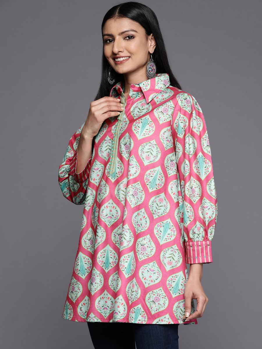 Ahalyaa Fuchsia Shirt Collar Velvet Digital Printed Tunic | Grocsy