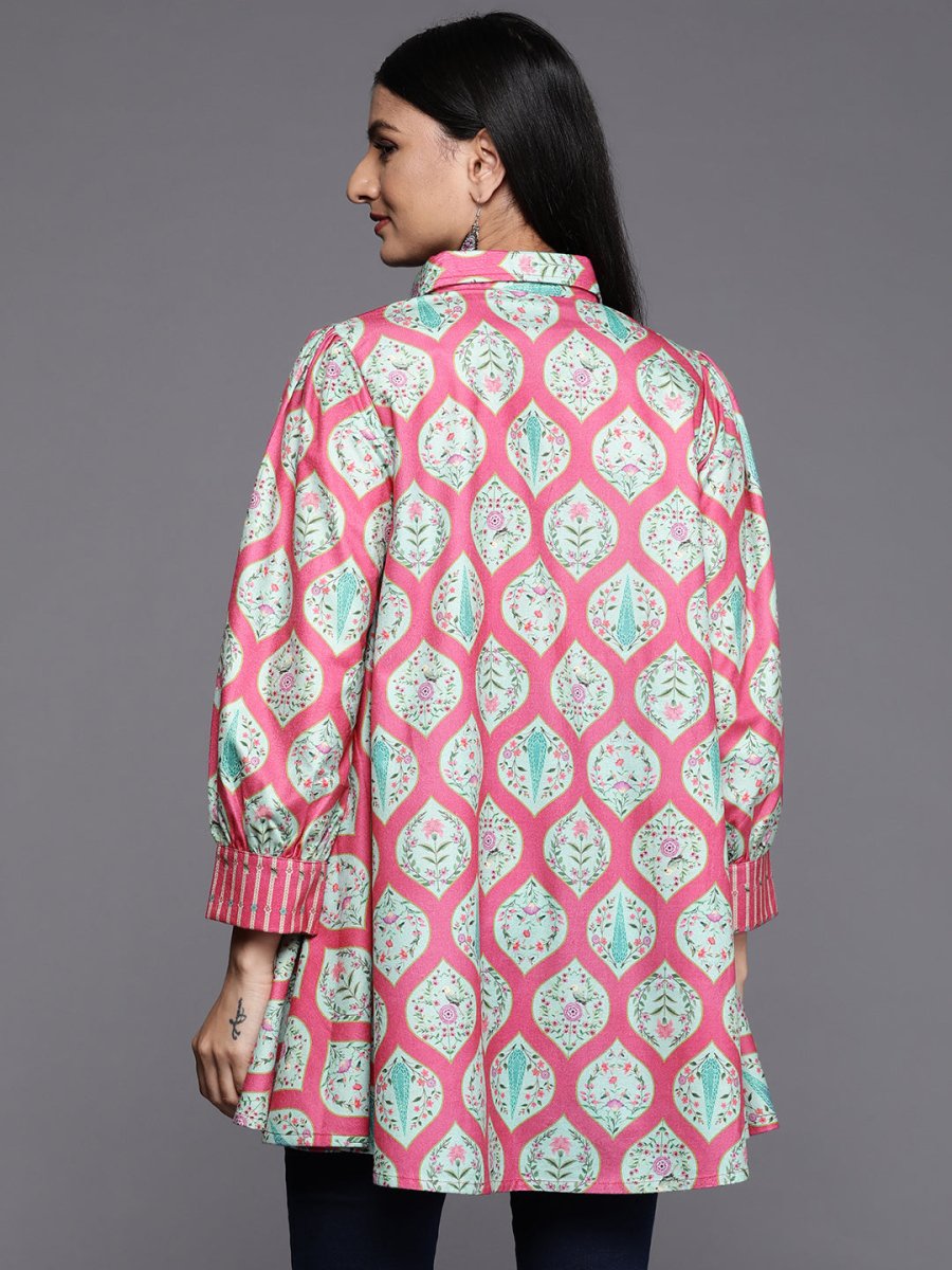 Ahalyaa Fuchsia Shirt Collar Velvet Digital Printed Tunic | Grocsy