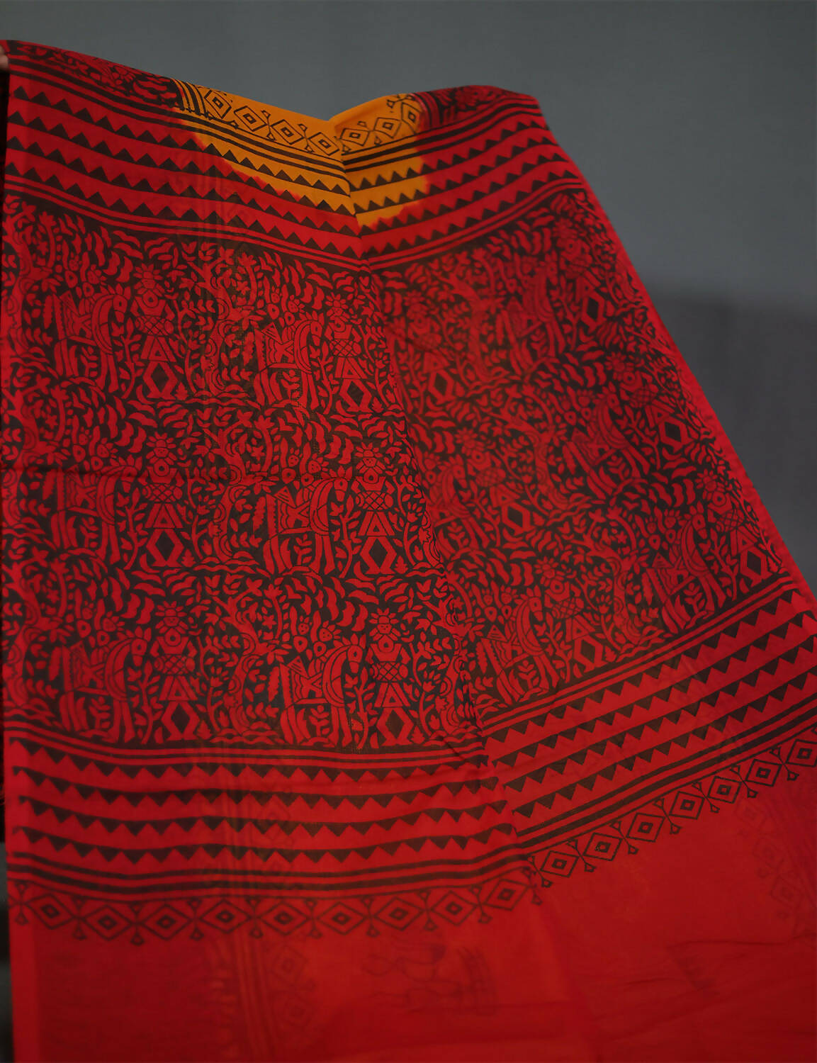 Shades Of Orange And Maroon Red Pure Munga Cotton Block Print Saree By Gayathri Reddy Designer Studio | Grocsy