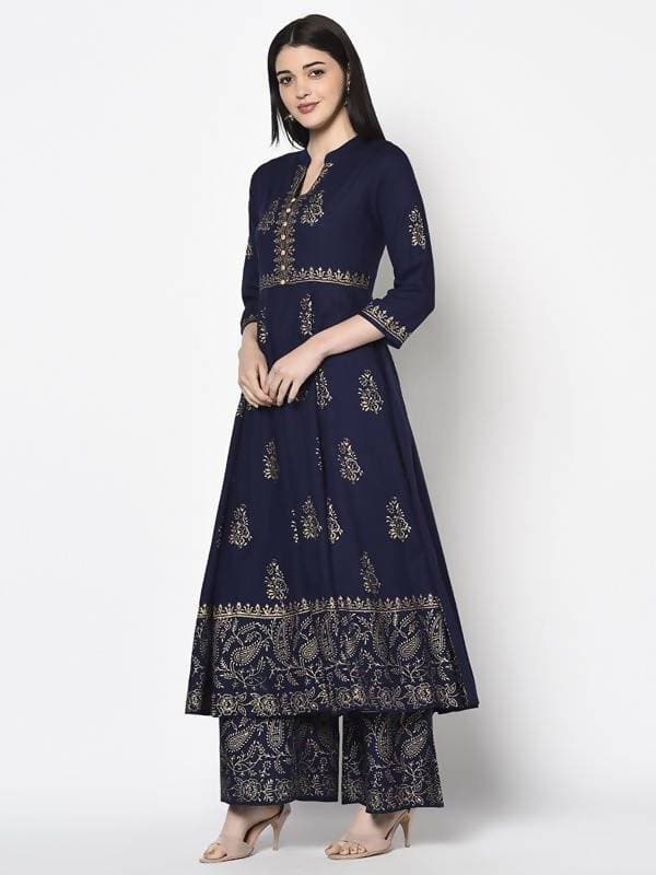 Aniyah Rayon Navy Blue Color Block Print Anarkali Palazzo Set (AN-210K) | Grocsy