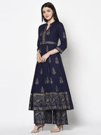 Aniyah Rayon Navy Blue Color Block Print Anarkali Palazzo Set (AN-210K) | Grocsy