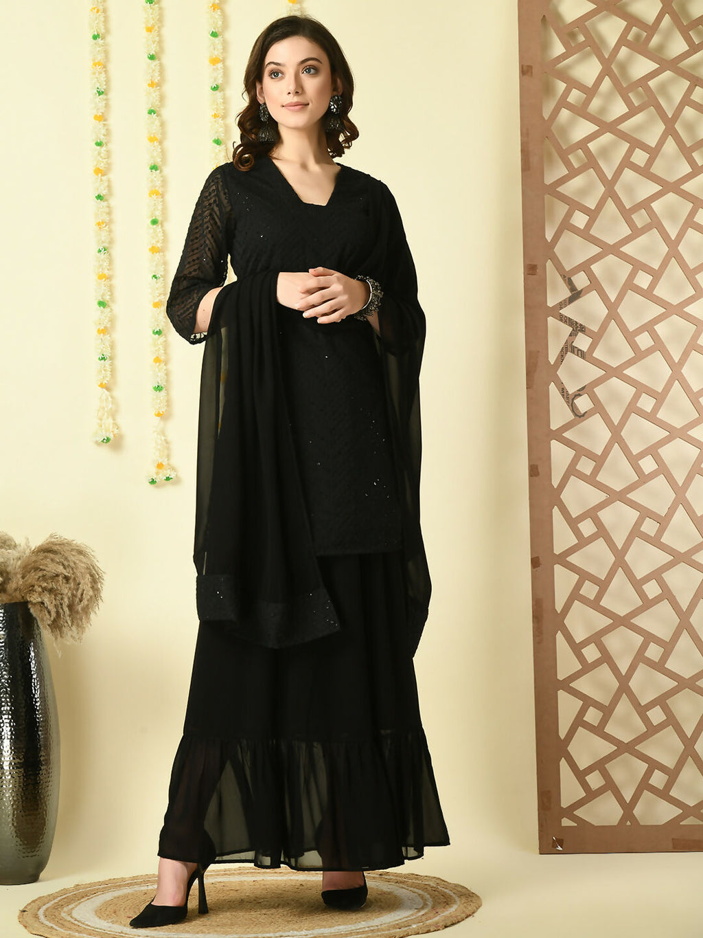 Myshka Women's Black Georgette Kurti & Skirt With Dupatta Party Sets | Grocsy